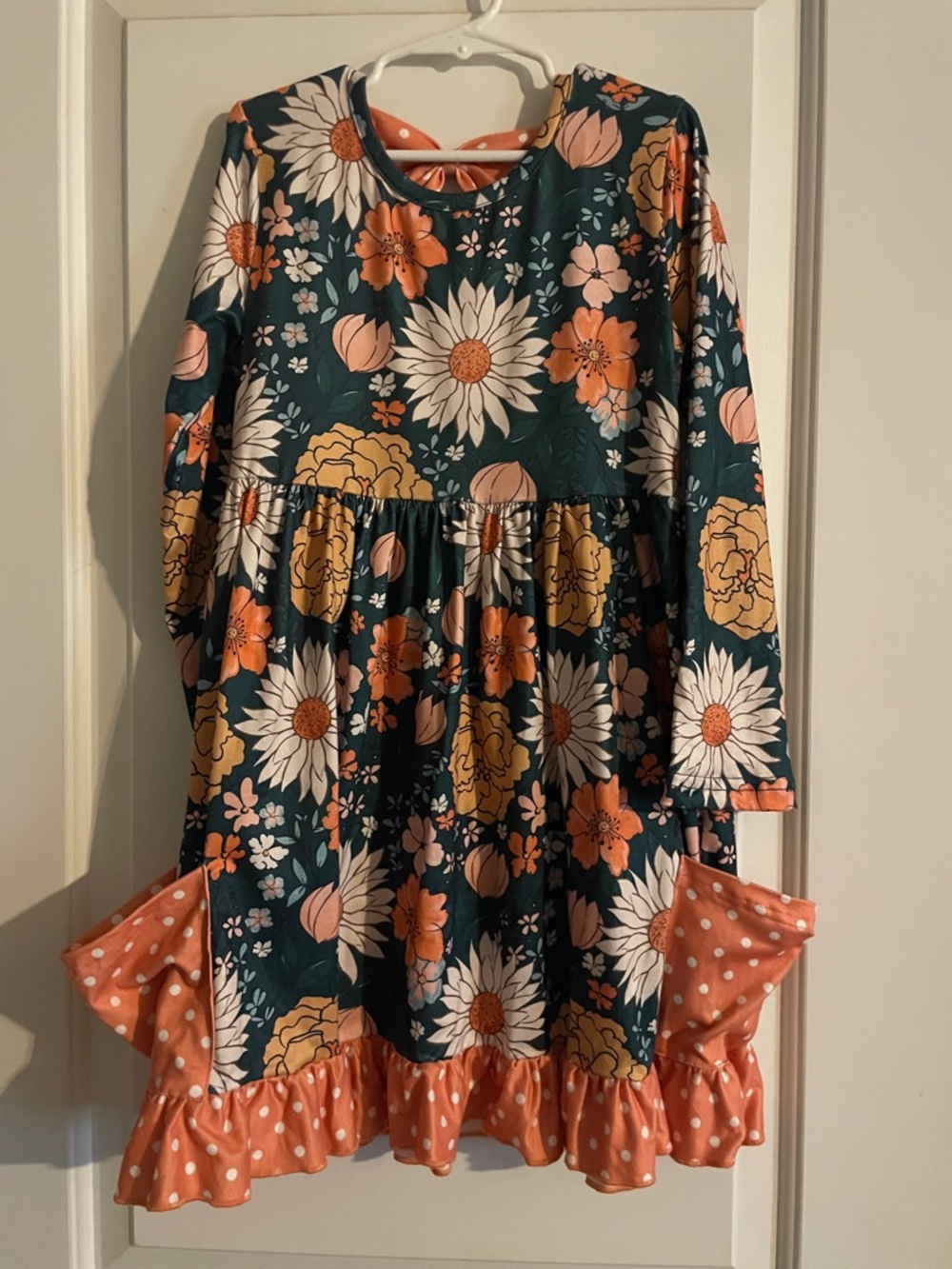 Girls' Floral Long-Sleeve Twirl Dress in Teal and Coral